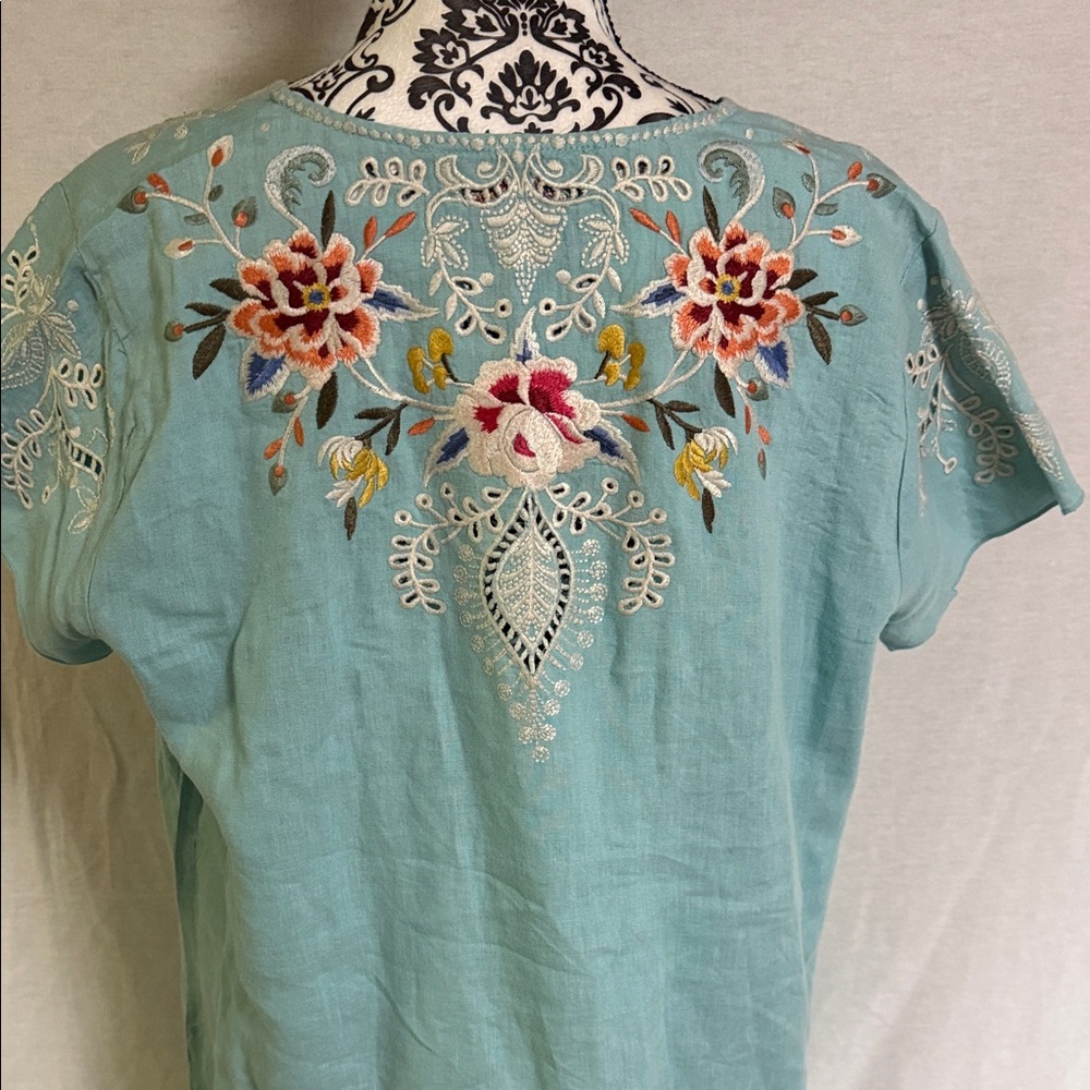 Johnny Was Turquoise Embroidered Mini Dress with Pink & Green Floral Detail - Picture 8 of 14